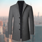 Navy Wool Blend Trench Coat Men's Single-Breasted Stand Collar – Office, Casual
