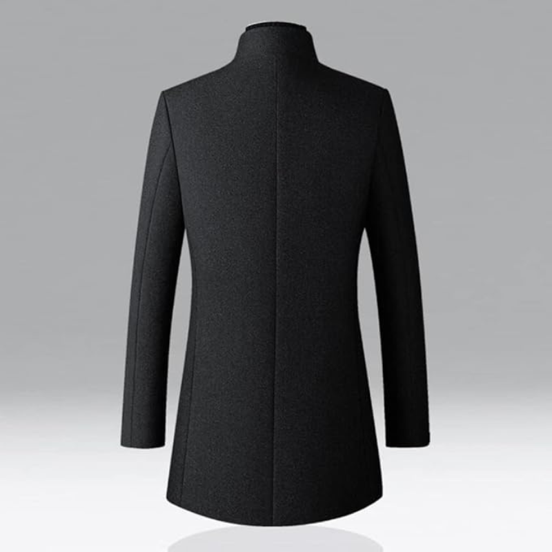 Navy Wool Blend Trench Coat Men's Single-Breasted Stand Collar – Office, Casual