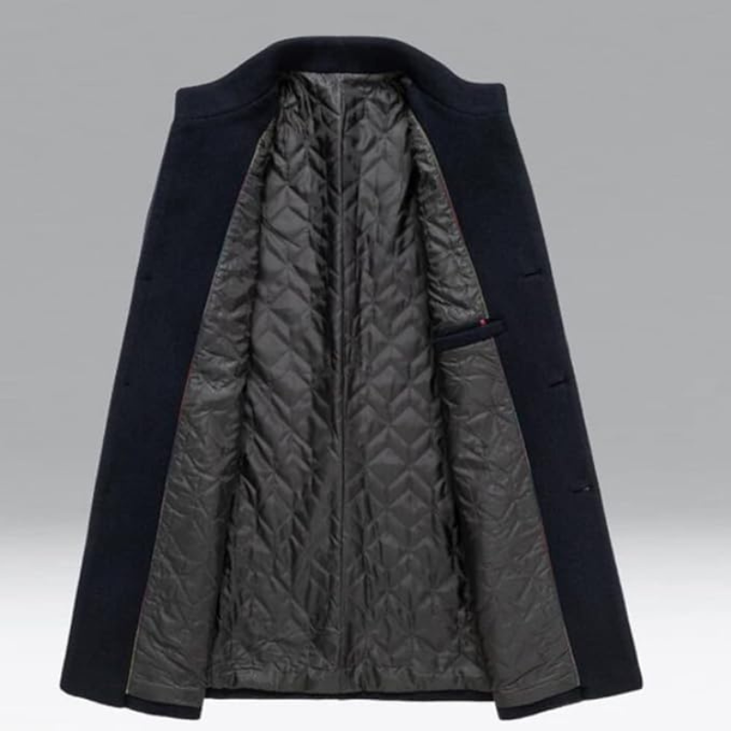 Navy Wool Blend Trench Coat Men's Single-Breasted Stand Collar – Office, Casual