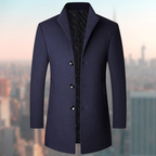 Navy Wool Blend Trench Coat Men's Single-Breasted Stand Collar – Office, Casual