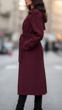Burgundy Wool Trench Coat Women's Long Belted Double-Breasted – Office, Casual