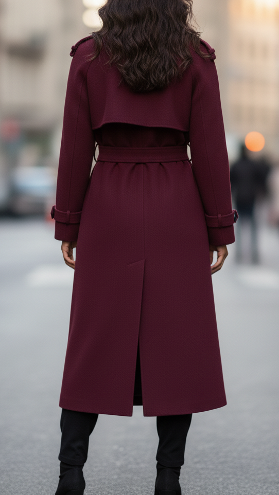 Burgundy Wool Trench Coat Women's Long Belted Double-Breasted – Office, Casual