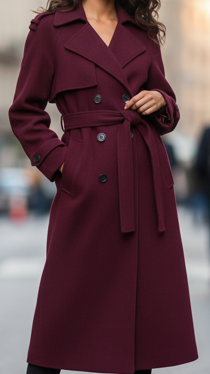 Burgundy Wool Trench Coat Women's Long Belted Double-Breasted – Office, Casual
