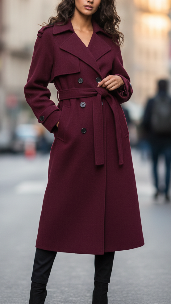 Burgundy Wool Trench Coat Women's Long Belted Double-Breasted – Office, Casual