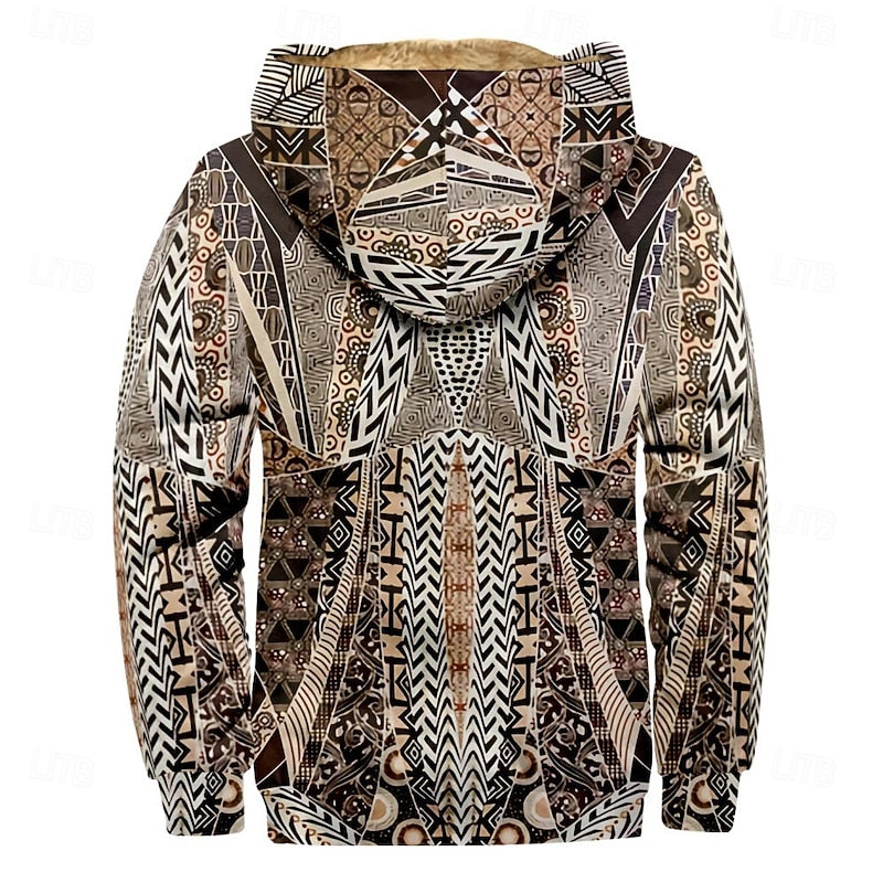 Men's Fleece Lined Zip Hooded Jacket Aztec Print – Casual Winter Outerwear, Gift