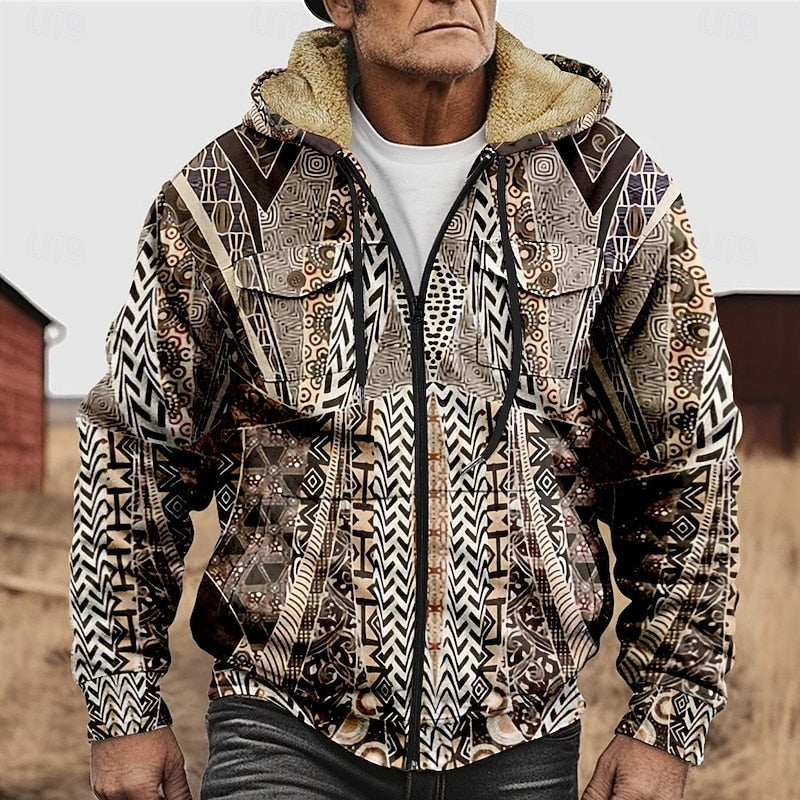 Men's Fleece Lined Zip Hooded Jacket Aztec Print – Casual Winter Outerwear, Gift