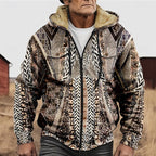 Men's Fleece Lined Zip Hooded Jacket Aztec Print – Casual Winter Outerwear, Gift