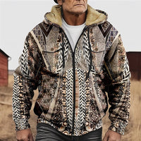 Men's Fleece Lined Zip Hooded Jacket Aztec Print – Casual Winter Outerwear, Gift