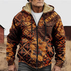 Men's Fleece Lined Zip Hooded Jacket Aztec Print – Casual Winter Outerwear, Gift