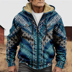 Men's Fleece Lined Zip Hooded Jacket Aztec Print – Casual Winter Outerwear, Gift