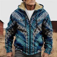 Men's Fleece Lined Zip Hooded Jacket Aztec Print – Casual Winter Outerwear, Gift