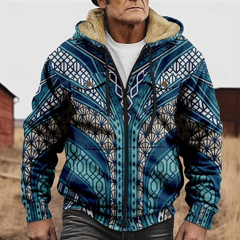 Men's Fleece Lined Zip Hooded Jacket Aztec Print – Casual Winter Outerwear, Gift