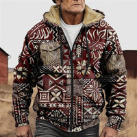 Men's Fleece Lined Zip Hooded Jacket Aztec Print – Casual Winter Outerwear, Gift
