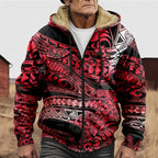 Men's Fleece Lined Zip Hooded Jacket Aztec Print – Casual Winter Outerwear, Gift