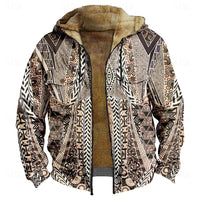 Men's Fleece Lined Zip Hooded Jacket Aztec Print – Casual Winter Outerwear, Gift
