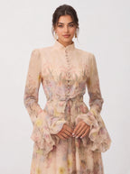 Woman wearing a floral dress on a plain background
