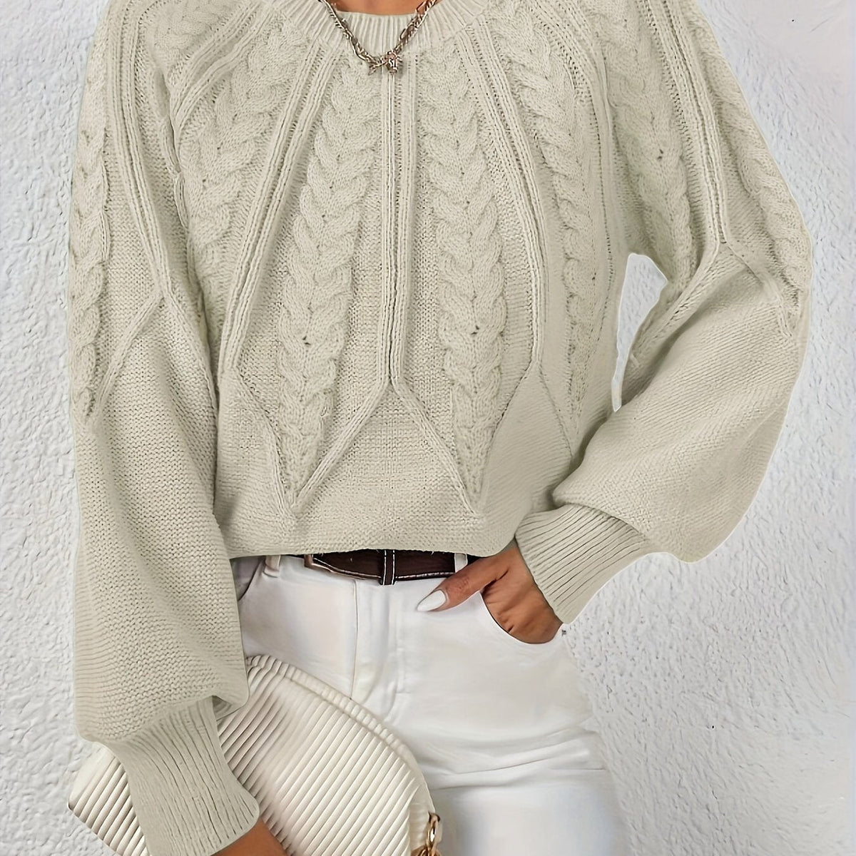 Women's Cropped Jumper with Cable-Knit Design and Ribbed Crew Neck – Casual, Everyday Wear