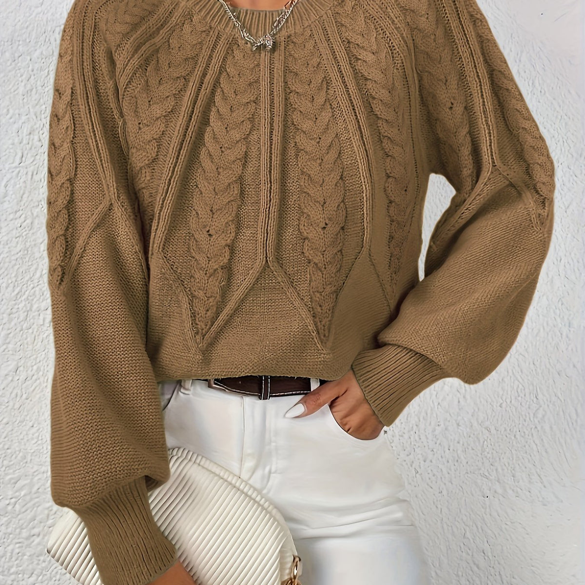 Women's Cropped Jumper with Cable-Knit Design and Ribbed Crew Neck – Casual, Everyday Wear