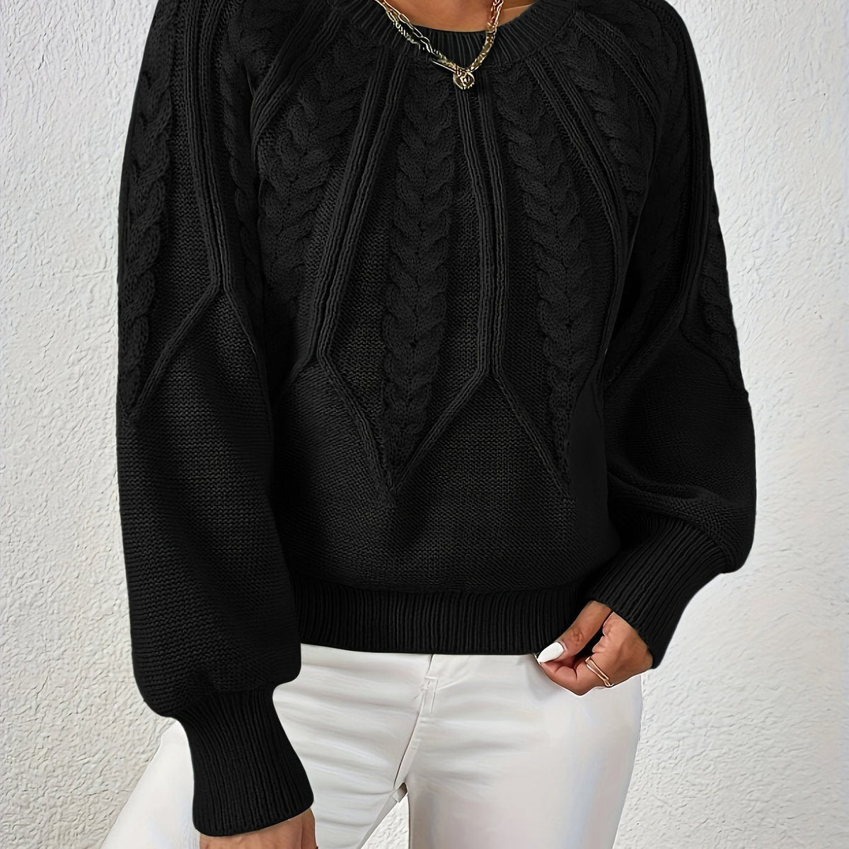 Women's Cropped Jumper with Cable-Knit Design and Ribbed Crew Neck – Casual, Everyday Wear